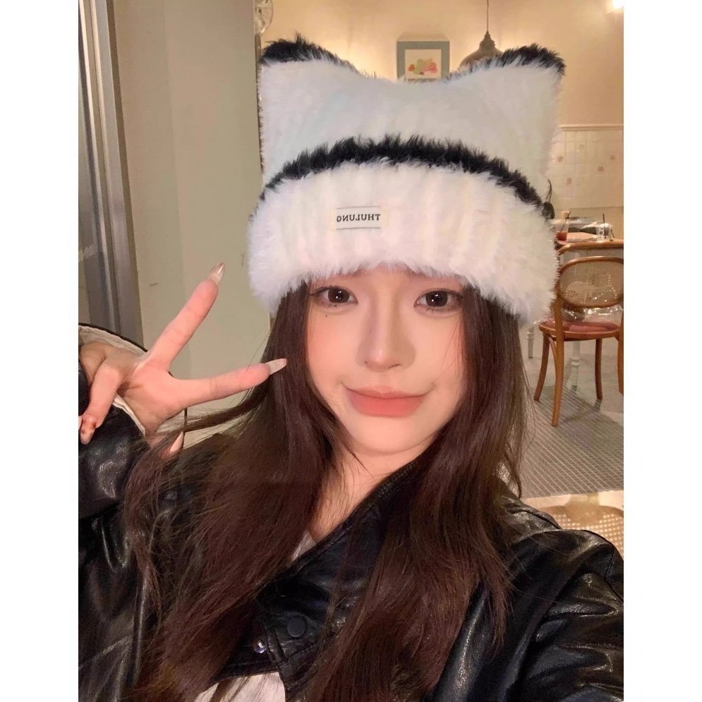 bunny_stall (現貨)🤎今年秋冬必收的毛絨貓耳朵撞色針織帽/4Colors-細節圖7