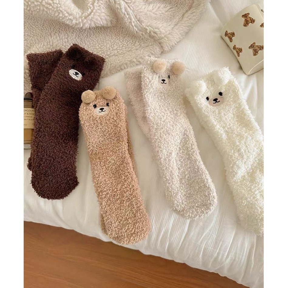 bunny_stall 🐻療癒系超Q小熊珊瑚絨保暖襪子/5Colors-細節圖2