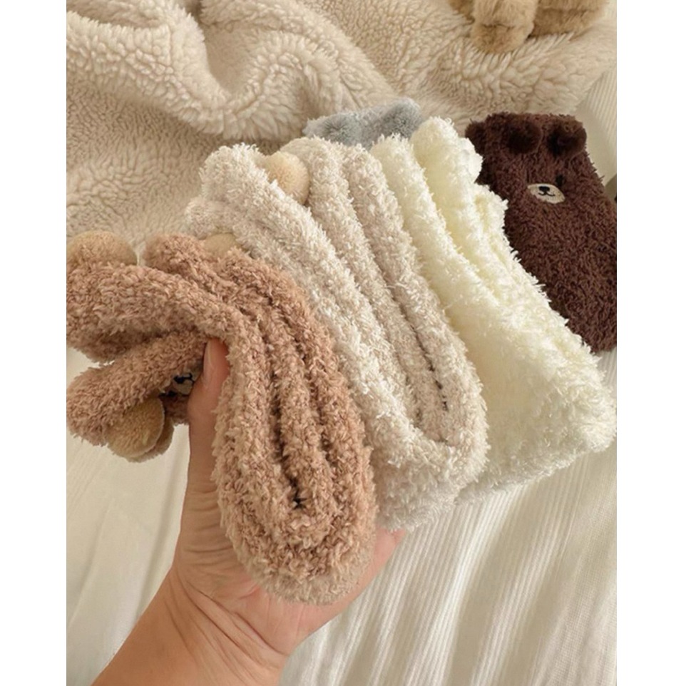 bunny_stall 🐻療癒系超Q小熊珊瑚絨保暖襪子/5Colors-細節圖3