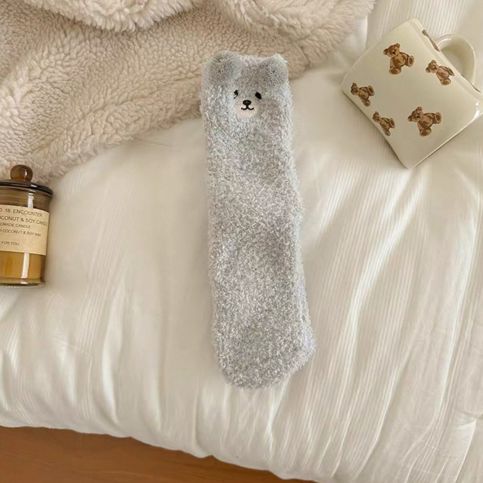 bunny_stall 🐻療癒系超Q小熊珊瑚絨保暖襪子/5Colors-規格圖3