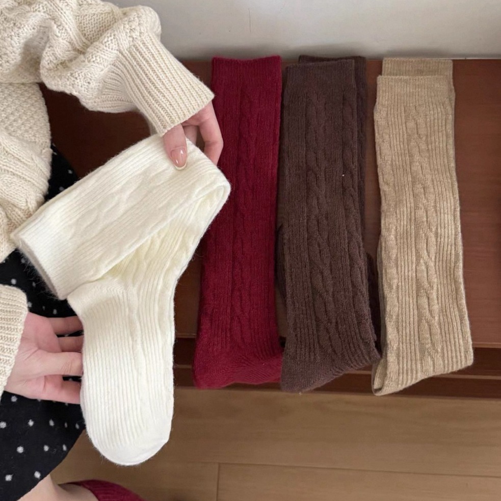 bunny_stall 秋冬加厚保暖款🤎復古麻花中筒襪、小腿襪/5Colors-細節圖2