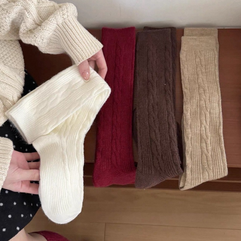 bunny_stall (現貨)秋冬加厚保暖款🤎復古麻花中筒襪、小腿襪/5Colors-細節圖2