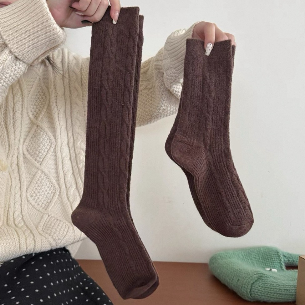 bunny_stall 秋冬加厚保暖款🤎復古麻花中筒襪、小腿襪/5Colors-規格圖9