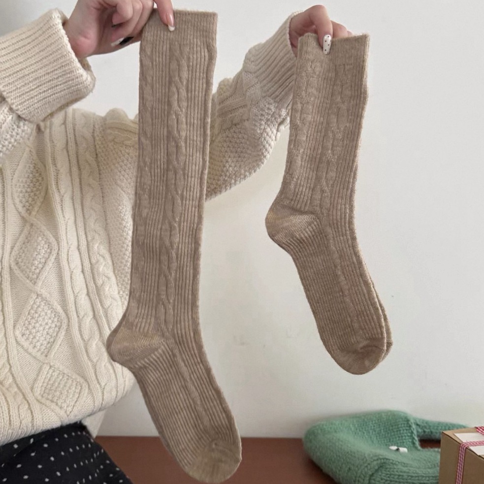 bunny_stall 秋冬加厚保暖款🤎復古麻花中筒襪、小腿襪/5Colors-規格圖9