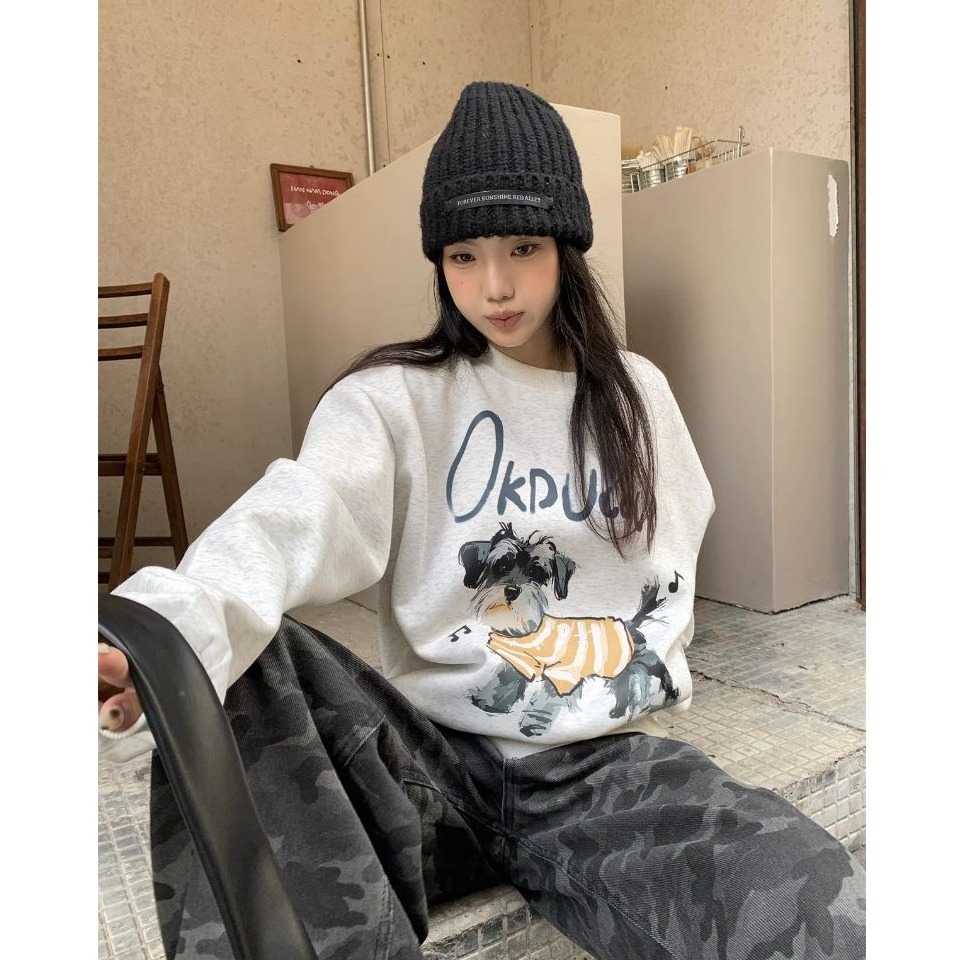 bunny_stall 🐶療癒系狗狗+字母印花寬鬆顯瘦的大學T/一般款/加絨款-細節圖2