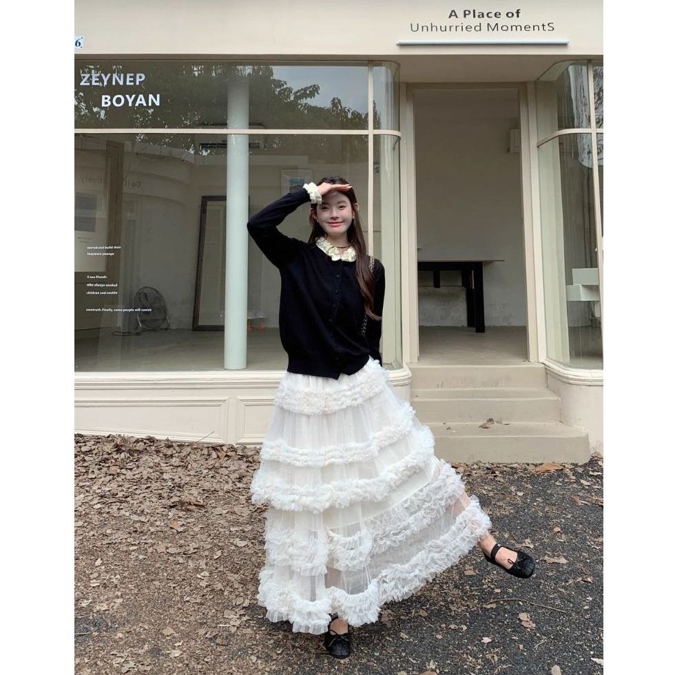 bunny_stall 花的嫁紗💐簡約滾邊排釦針織毛衣+浪漫網紗蛋糕長裙套裝-細節圖2