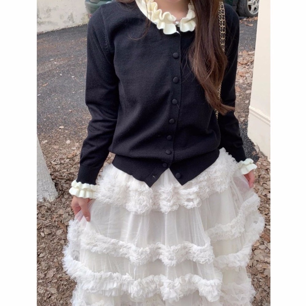 bunny_stall 花的嫁紗💐簡約滾邊排釦針織毛衣+浪漫網紗蛋糕長裙套裝-細節圖3