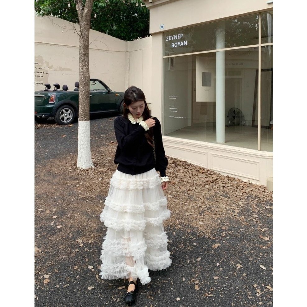 bunny_stall 花的嫁紗💐簡約滾邊排釦針織毛衣+浪漫網紗蛋糕長裙套裝-細節圖5