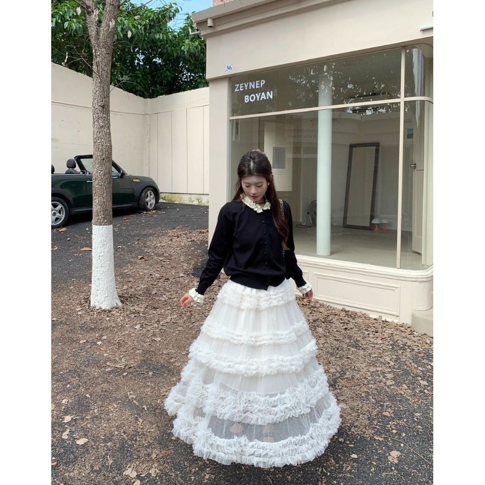 bunny_stall 花的嫁紗💐簡約滾邊排釦針織毛衣+浪漫網紗蛋糕長裙套裝-細節圖6