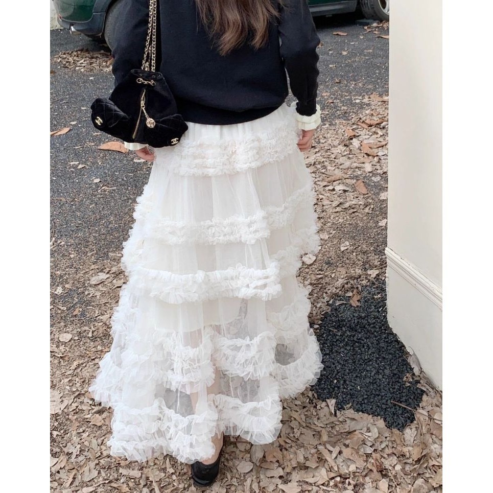 bunny_stall 花的嫁紗💐簡約滾邊排釦針織毛衣+浪漫網紗蛋糕長裙套裝-細節圖7