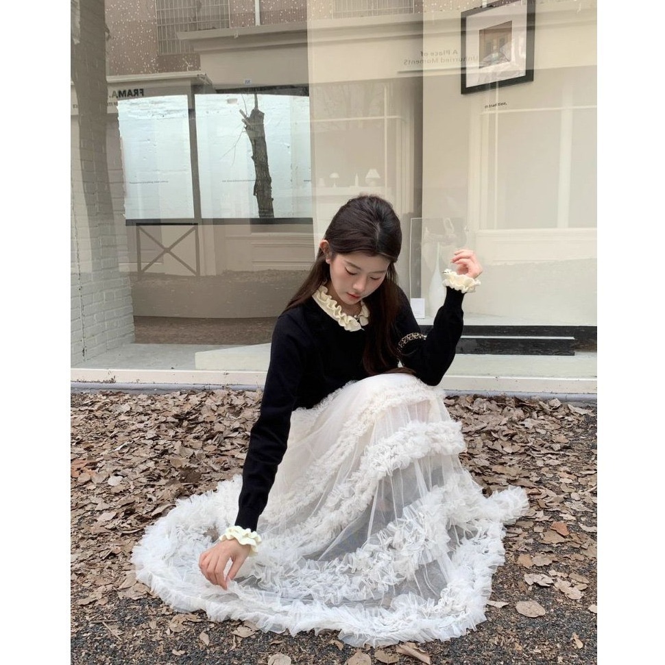 bunny_stall 花的嫁紗💐簡約滾邊排釦針織毛衣+浪漫網紗蛋糕長裙套裝-細節圖8