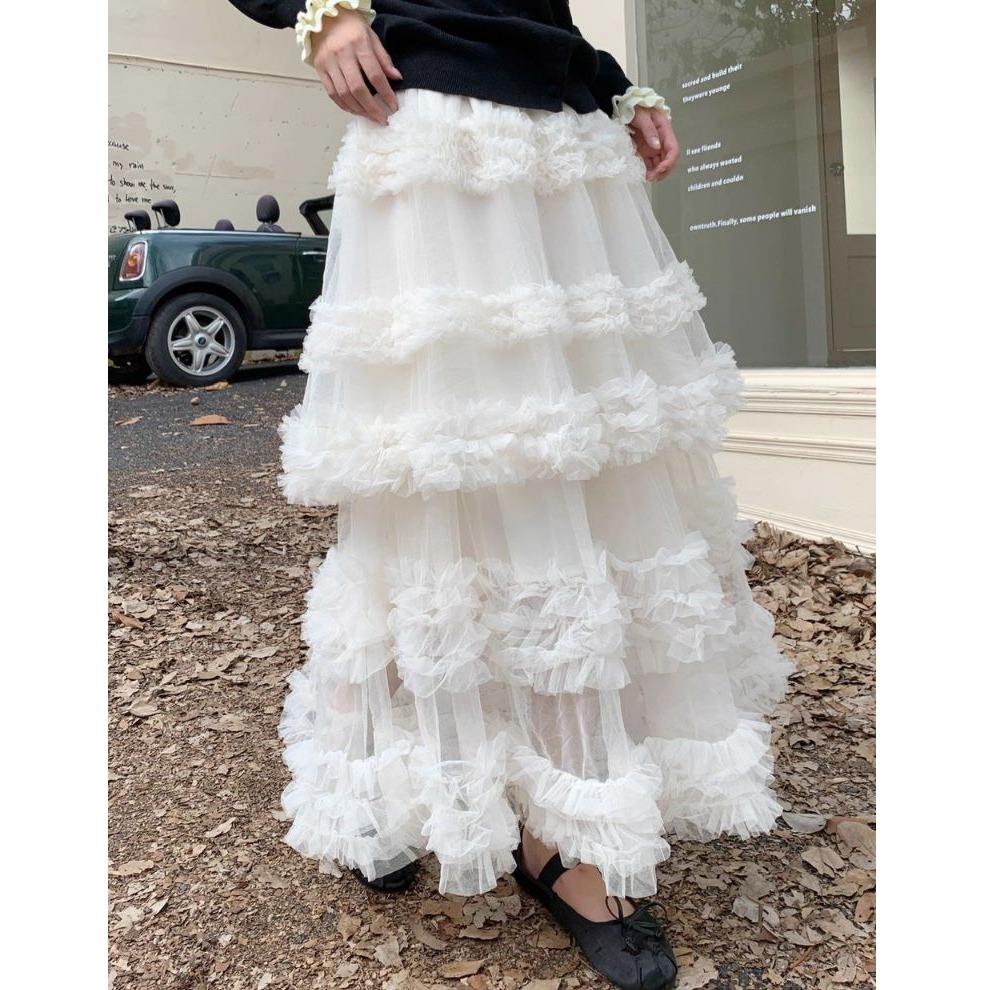 bunny_stall 花的嫁紗💐簡約滾邊排釦針織毛衣+浪漫網紗蛋糕長裙套裝-規格圖8