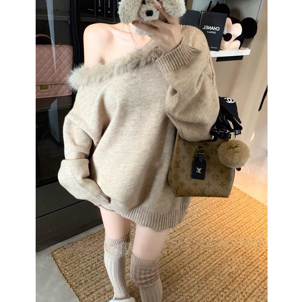 bunny_stall 寬鬆顯瘦的毛領露肩毛衣+同色系鬆緊腰短褲/3Colors-細節圖2