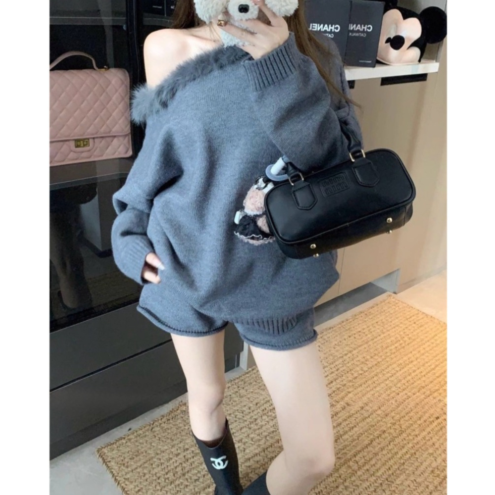 bunny_stall 寬鬆顯瘦的毛領露肩毛衣+同色系鬆緊腰短褲/3Colors-細節圖5