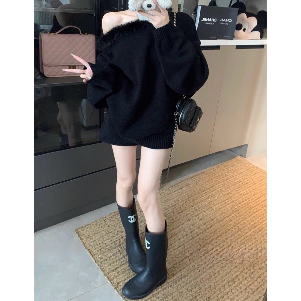 bunny_stall 寬鬆顯瘦的毛領露肩毛衣+同色系鬆緊腰短褲/3Colors-細節圖7