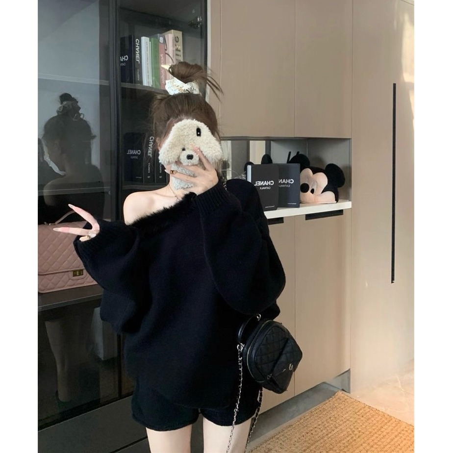 bunny_stall 寬鬆顯瘦的毛領露肩毛衣+同色系鬆緊腰短褲/3Colors-細節圖8