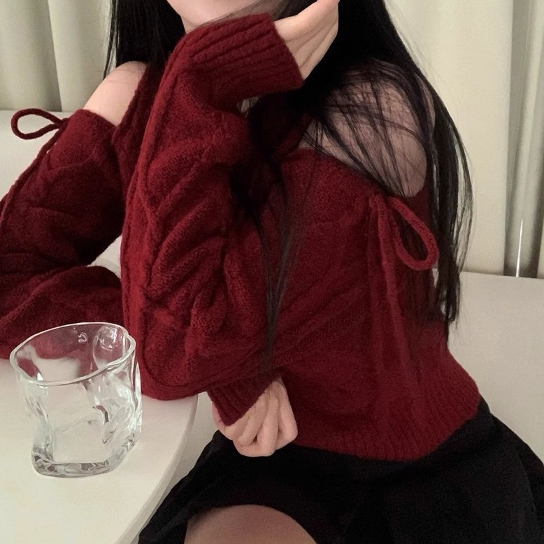 bunny_stall ❤️獨特的露肩綁帶設計圓領麻花針織衫/3Colors-細節圖2