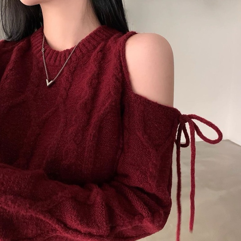 bunny_stall ❤️獨特的露肩綁帶設計圓領麻花針織衫/3Colors-細節圖3