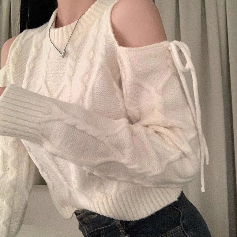 bunny_stall ❤️獨特的露肩綁帶設計圓領麻花針織衫/3Colors-細節圖5