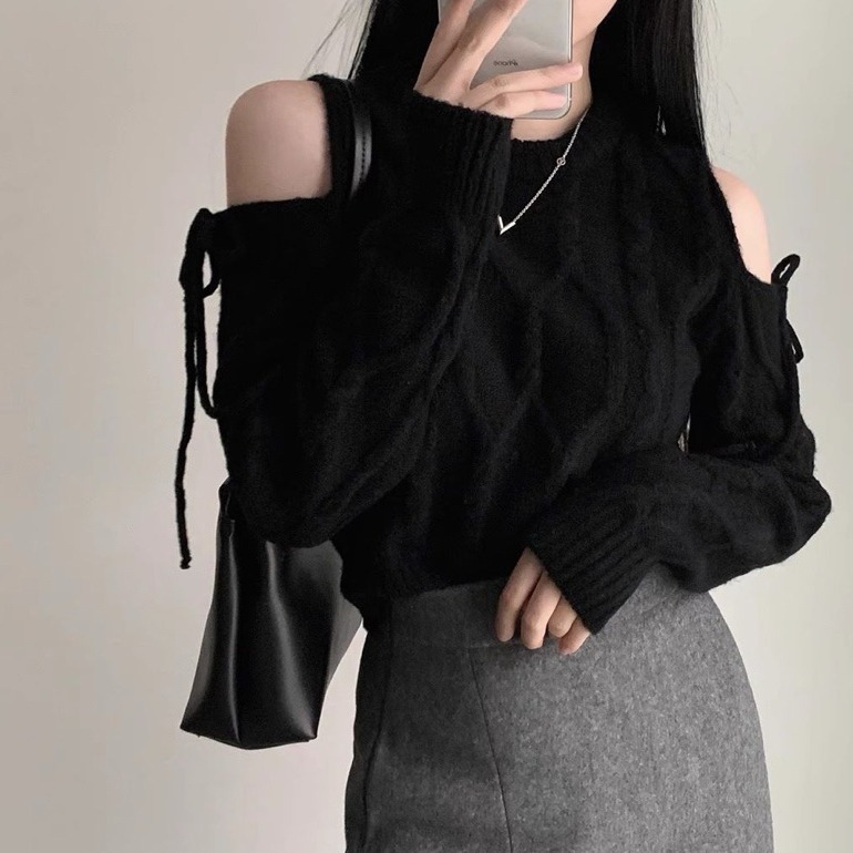 bunny_stall ❤️獨特的露肩綁帶設計圓領麻花針織衫/3Colors-細節圖7