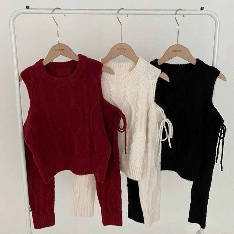 bunny_stall ❤️獨特的露肩綁帶設計圓領麻花針織衫/3Colors-細節圖9