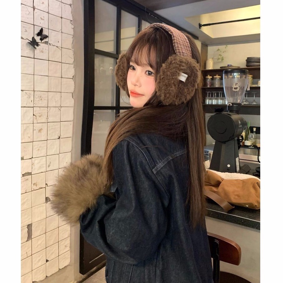 bunny_stall (現貨)秋冬拍照簡單出片🤎羊羔毛拼接格紋防風保暖綁帶耳罩-細節圖2