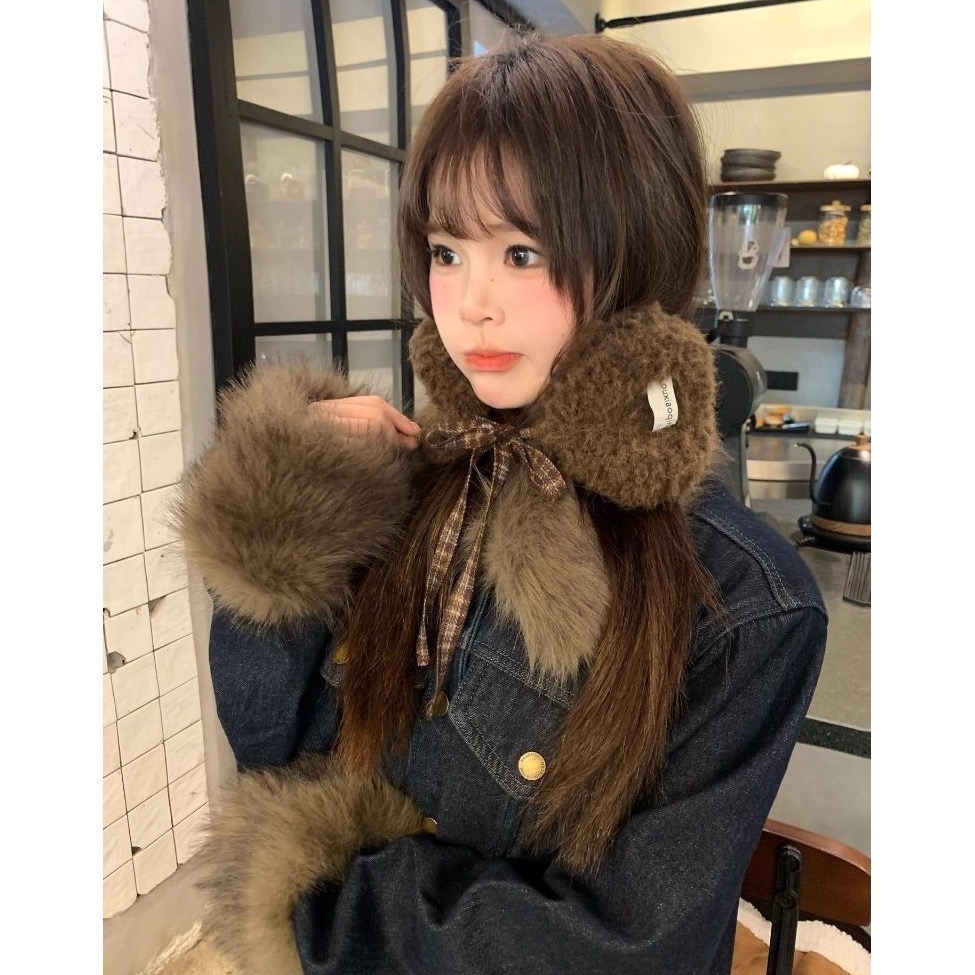 bunny_stall (現貨)秋冬拍照簡單出片🤎羊羔毛拼接格紋防風保暖綁帶耳罩-細節圖3