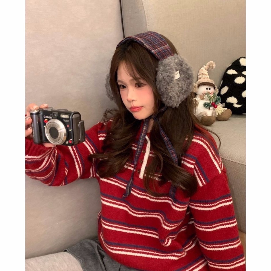 bunny_stall (現貨)秋冬拍照簡單出片🤎羊羔毛拼接格紋防風保暖綁帶耳罩-細節圖4