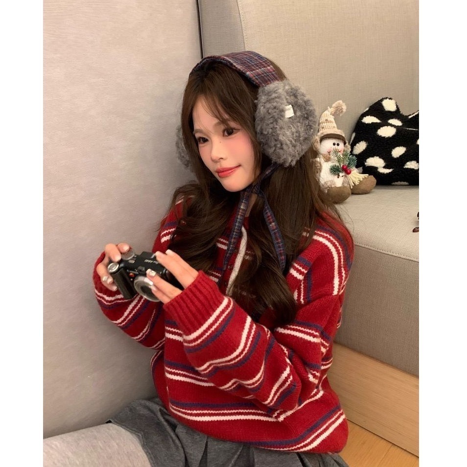 bunny_stall (現貨)秋冬拍照簡單出片🤎羊羔毛拼接格紋防風保暖綁帶耳罩-細節圖6