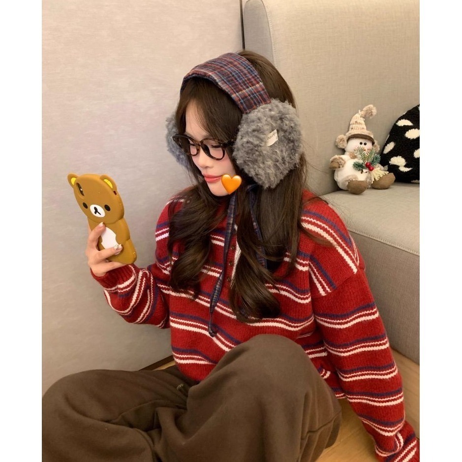 bunny_stall (現貨)秋冬拍照簡單出片🤎羊羔毛拼接格紋防風保暖綁帶耳罩-細節圖7