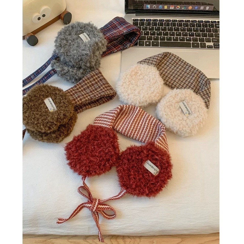 bunny_stall (現貨)秋冬拍照簡單出片🤎羊羔毛拼接格紋防風保暖綁帶耳罩-細節圖8