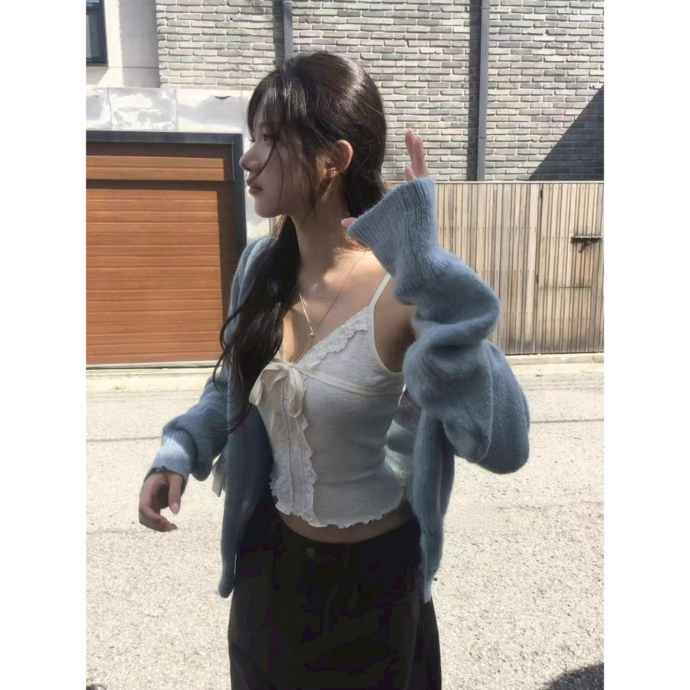 bunny_stall 🩵Soft Muse奶油白細緻蕾絲背心+霧藍色V領針織衫/S-L-細節圖4