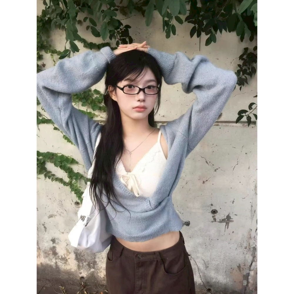 bunny_stall 🩵Soft Muse奶油白細緻蕾絲背心+霧藍色V領針織衫/S-L-規格圖6