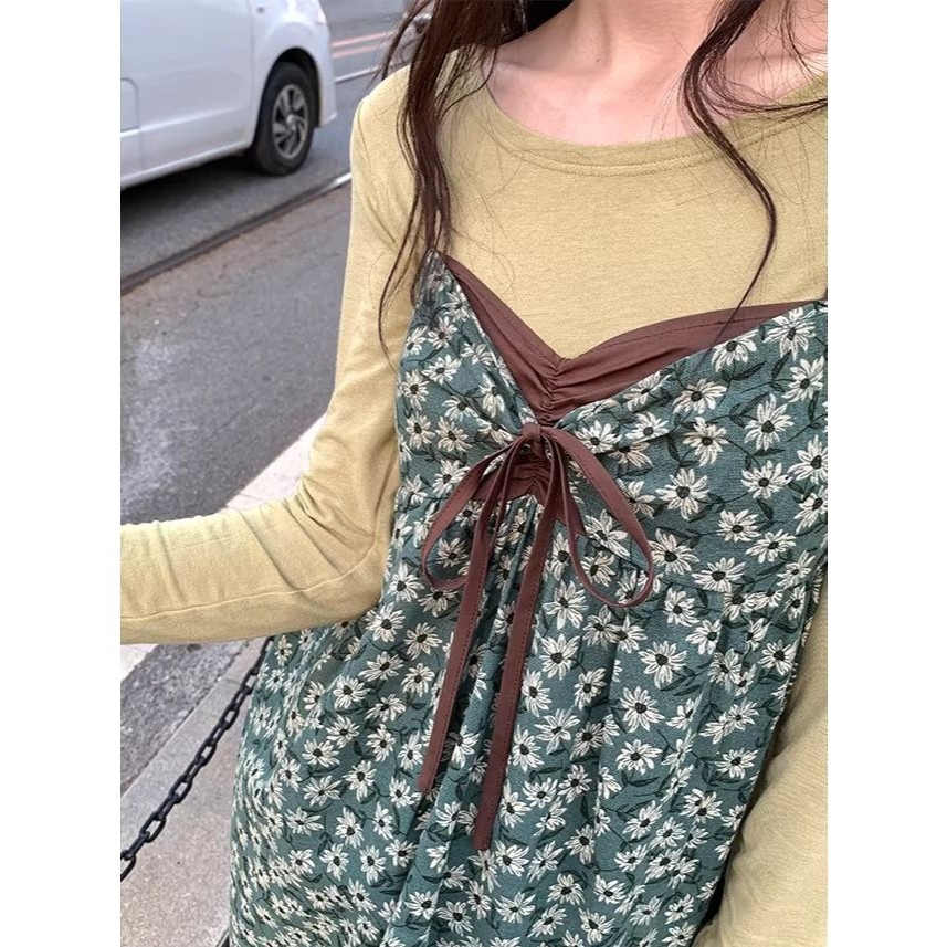 bunny_stall 初夏花語💚可單穿也可疊穿的復古碎花吊帶裙/S-L-細節圖3