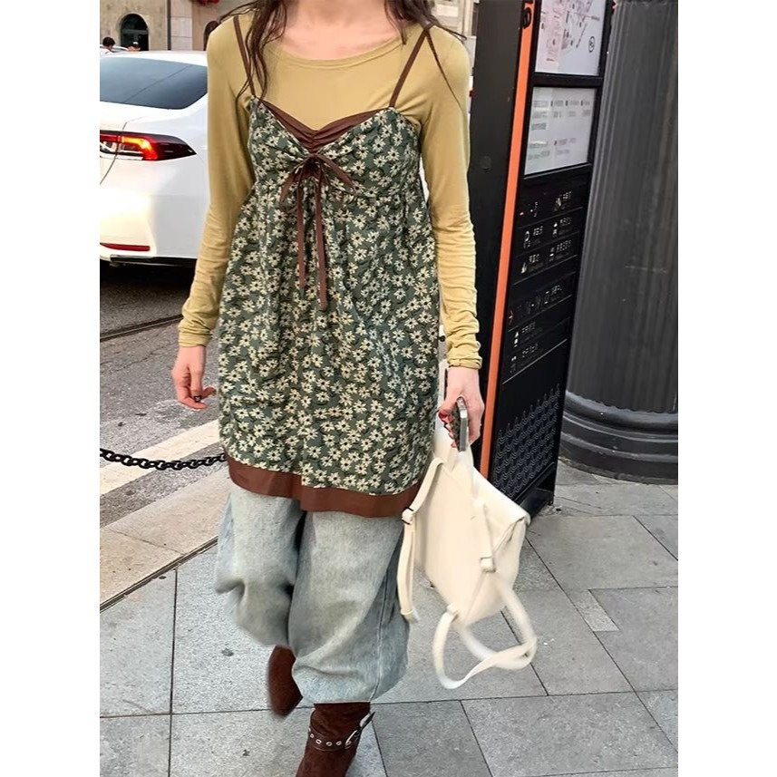 bunny_stall 初夏花語💚可單穿也可疊穿的復古碎花吊帶裙/S-L-細節圖6