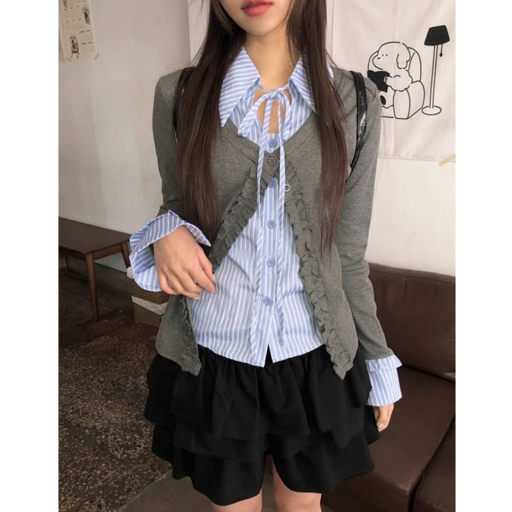 bunny_stall 經典學院風🩶木耳邊條紋拼接假兩件式長袖襯衫/S-L-細節圖2