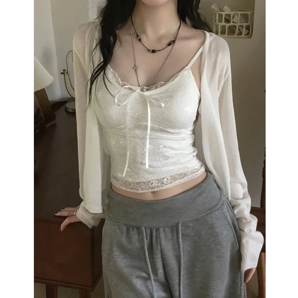 bunny_stall 極致誘惑🤍細緻蕾絲拼接綁帶蝴蝶結吊帶背心/S-L-細節圖3