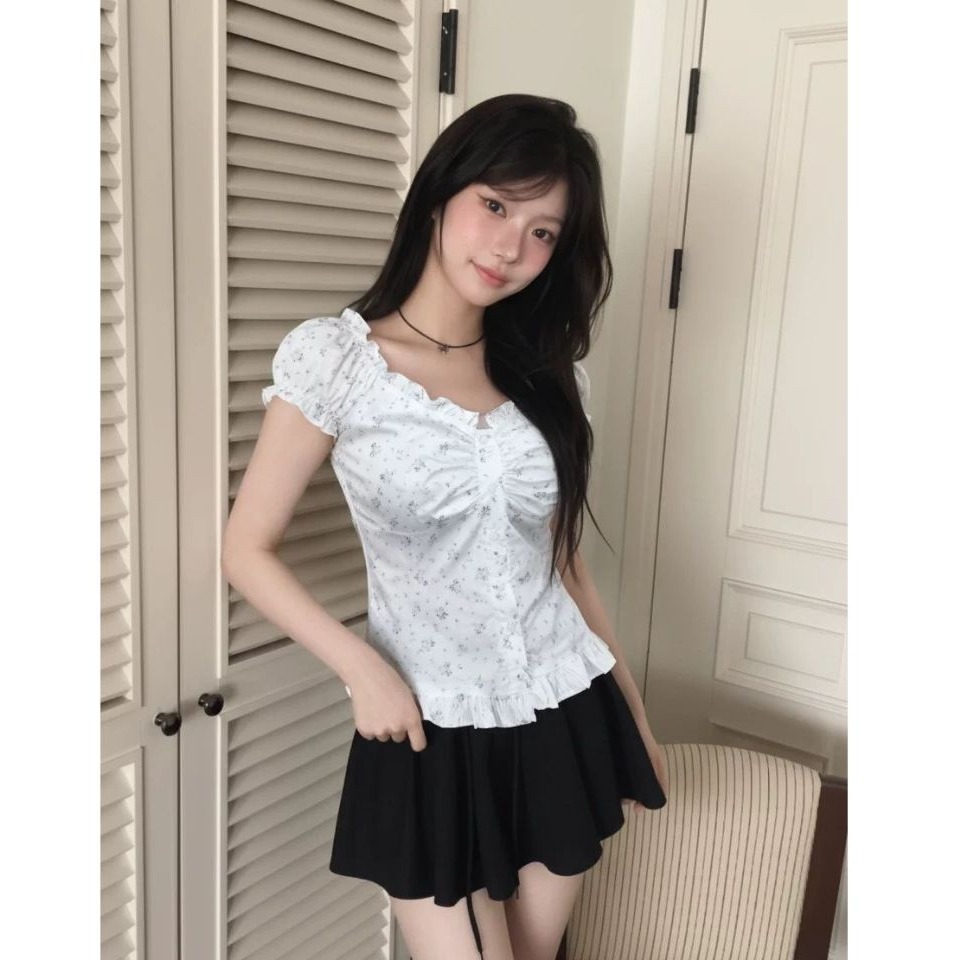 bunny_stall 韓系初戀感💐碎花抓皺泡泡袖微露肩襯衫/S-L-細節圖2