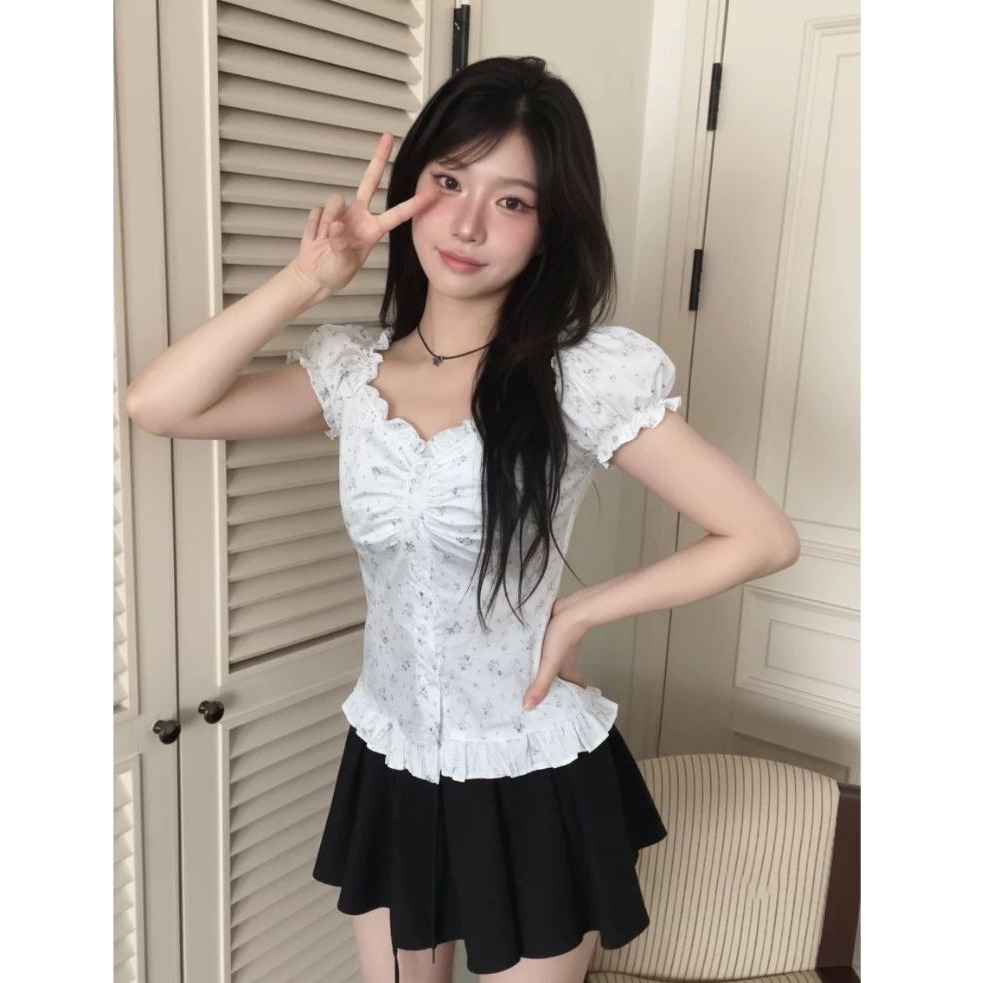 bunny_stall 韓系初戀感💐碎花抓皺泡泡袖微露肩襯衫/S-L-細節圖3
