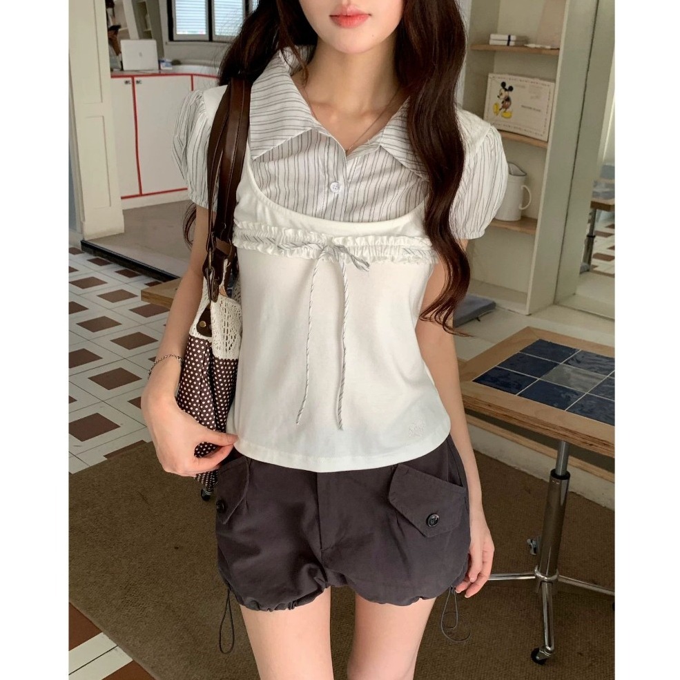 bunny_stall 層次感穿搭🎀polo領假兩件式上衣+率性工裝短褲/S-L-細節圖2
