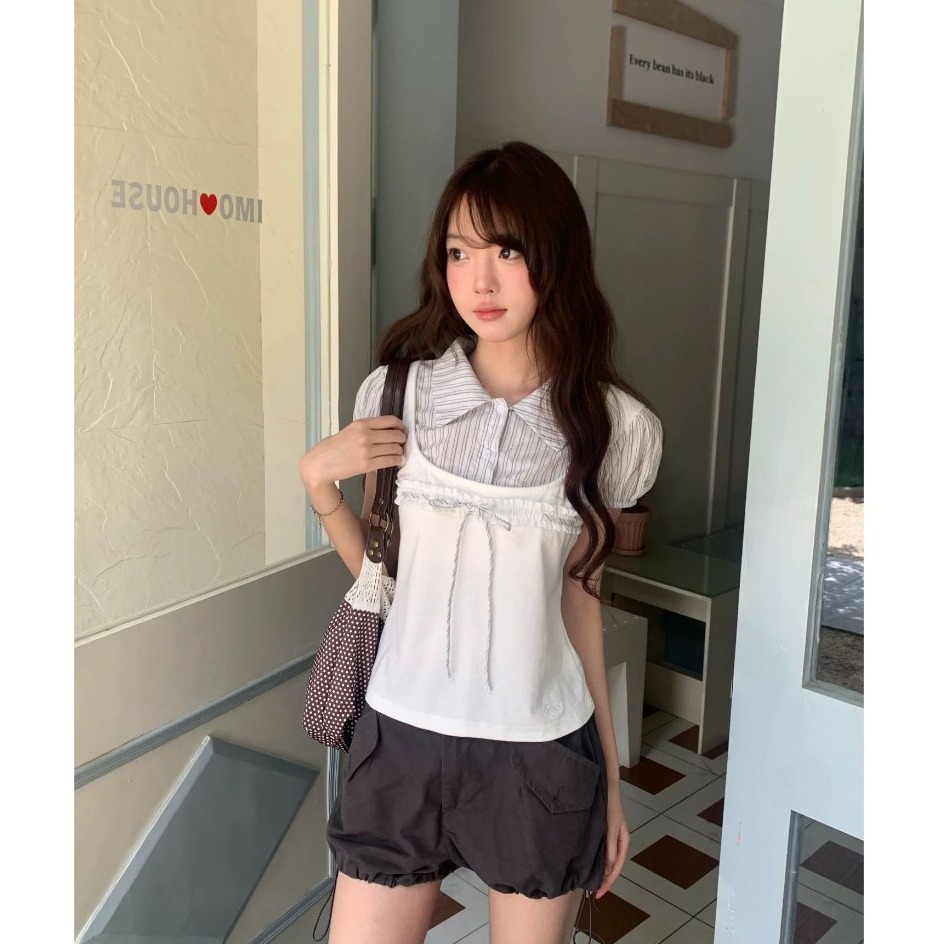 bunny_stall 層次感穿搭🎀polo領假兩件式上衣+率性工裝短褲/S-L-細節圖3