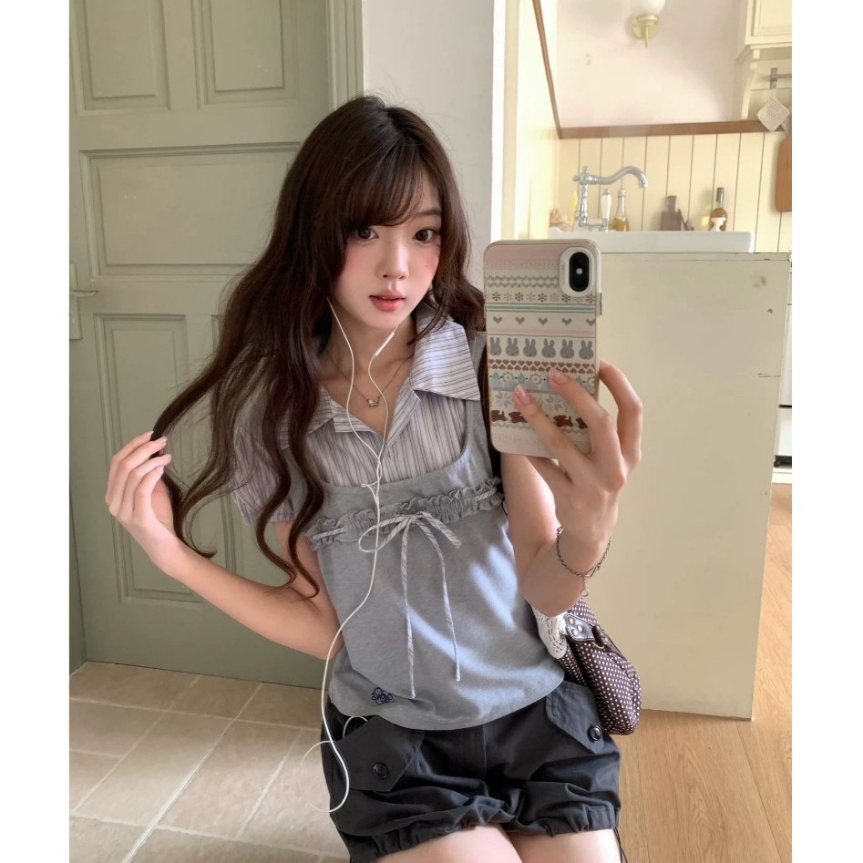 bunny_stall 層次感穿搭🎀polo領假兩件式上衣+率性工裝短褲/S-L-細節圖5