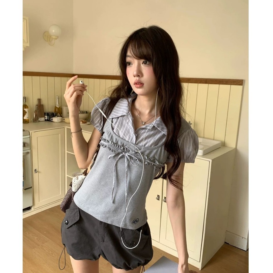 bunny_stall 層次感穿搭🎀polo領假兩件式上衣+率性工裝短褲/S-L-細節圖7