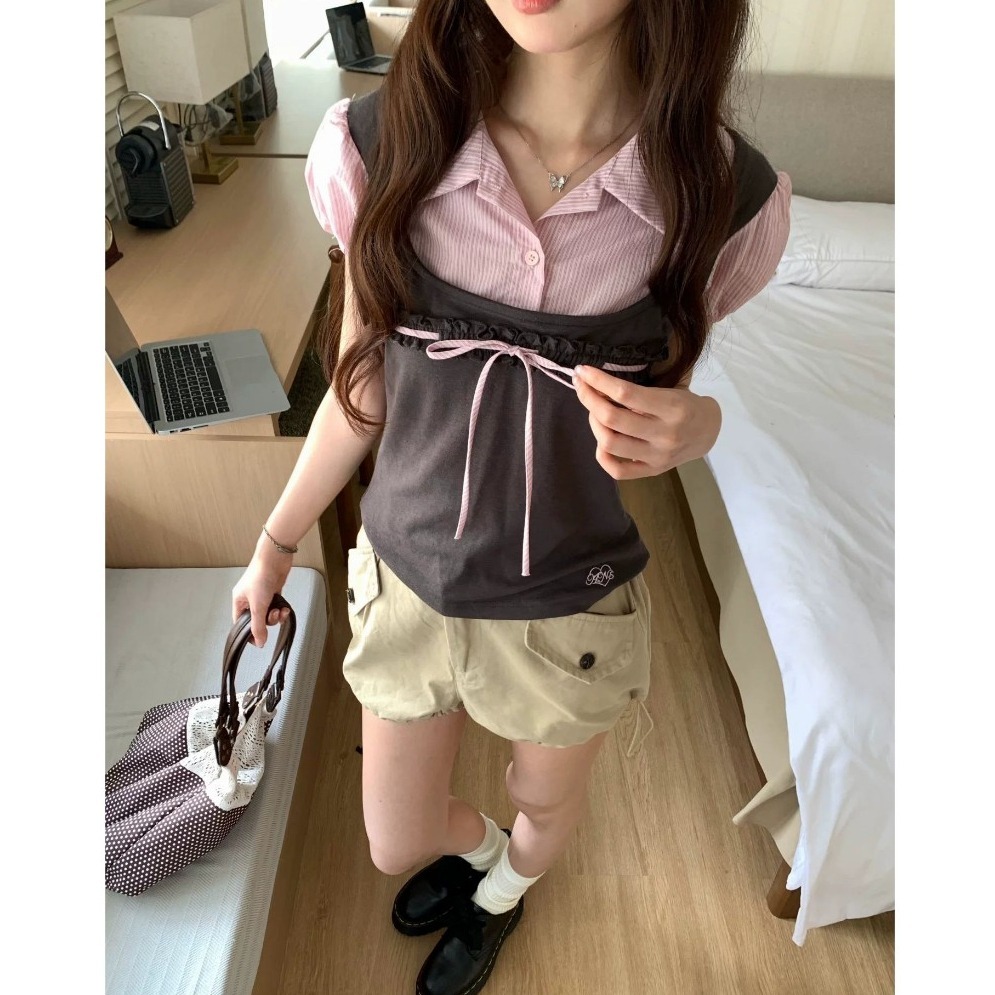 bunny_stall 層次感穿搭🎀polo領假兩件式上衣+率性工裝短褲/S-L-規格圖9