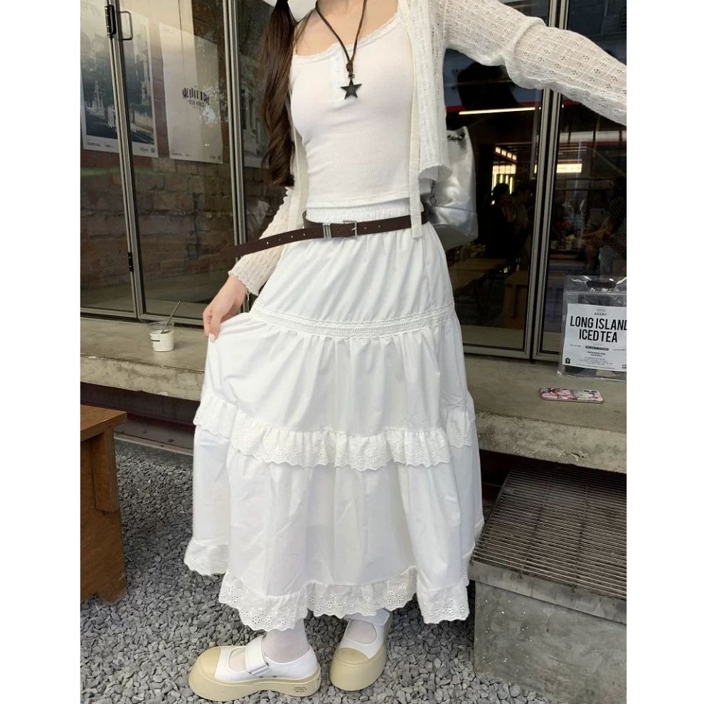 bunny_stall 💞初戀系女孩的不透膚質感鏤空蕾絲蛋糕長裙-細節圖3