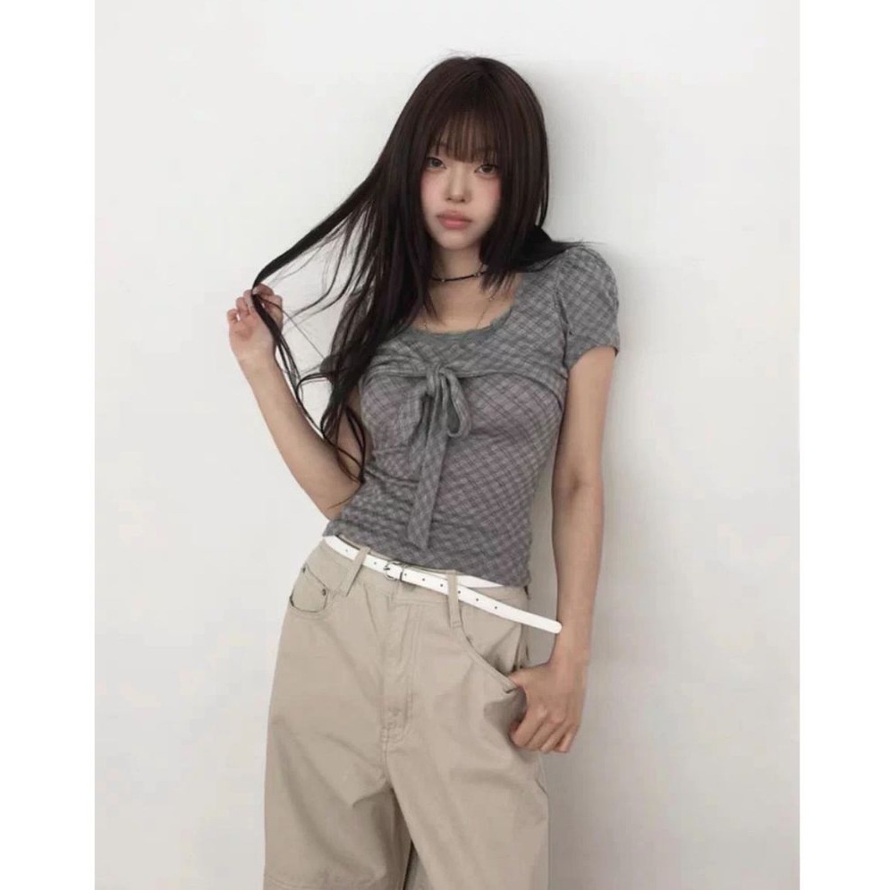 bunny_stall 法式古典公主💞蝴蝶結蕾絲花邊格紋泡泡袖上衣/S-L-細節圖4