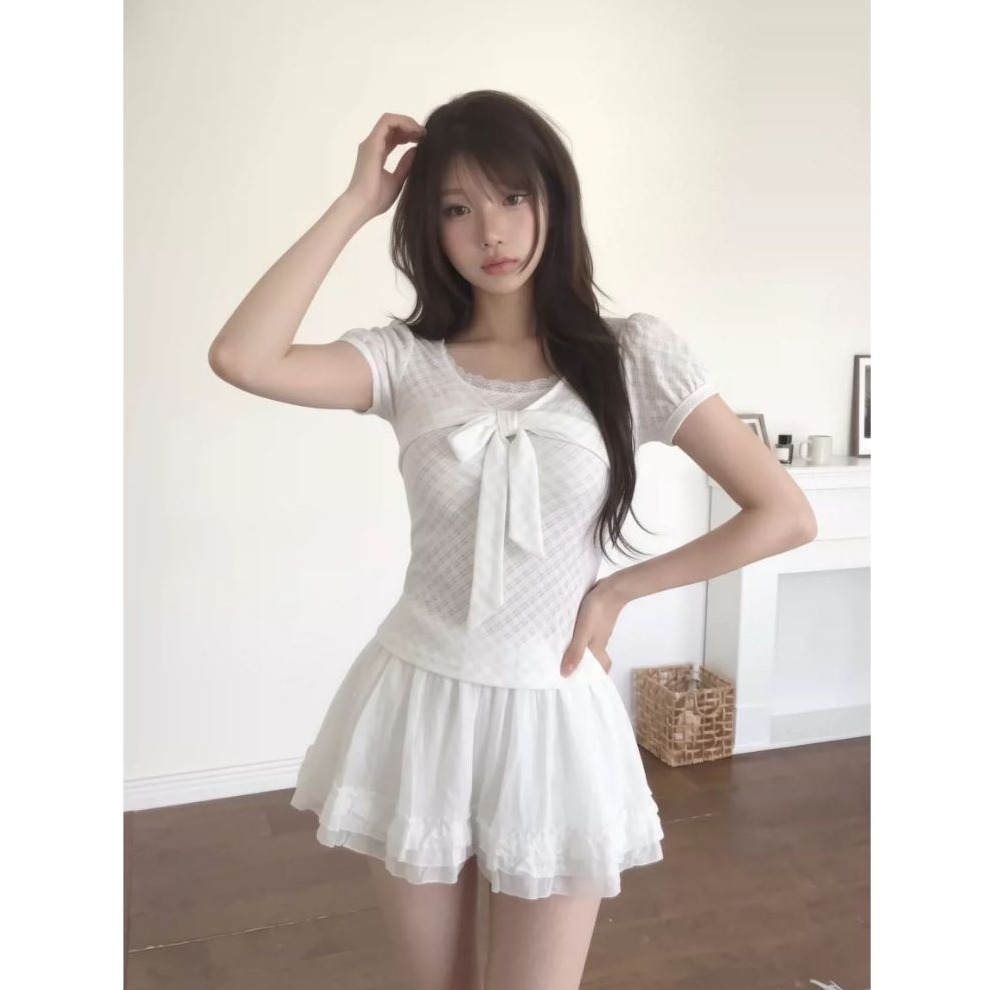 bunny_stall 法式古典公主💞蝴蝶結蕾絲花邊格紋泡泡袖上衣/S-L-細節圖7