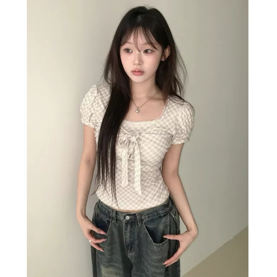 bunny_stall 法式古典公主💞蝴蝶結蕾絲花邊格紋泡泡袖上衣/S-L-細節圖8