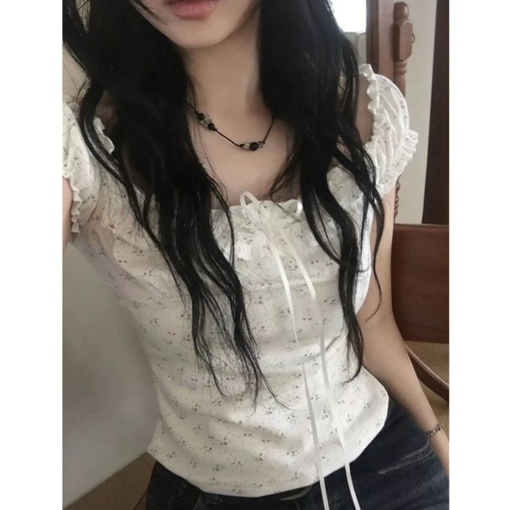 bunny_stall 💐清新少女感的碎花前綁帶荷葉袖上衣/S-L-細節圖2