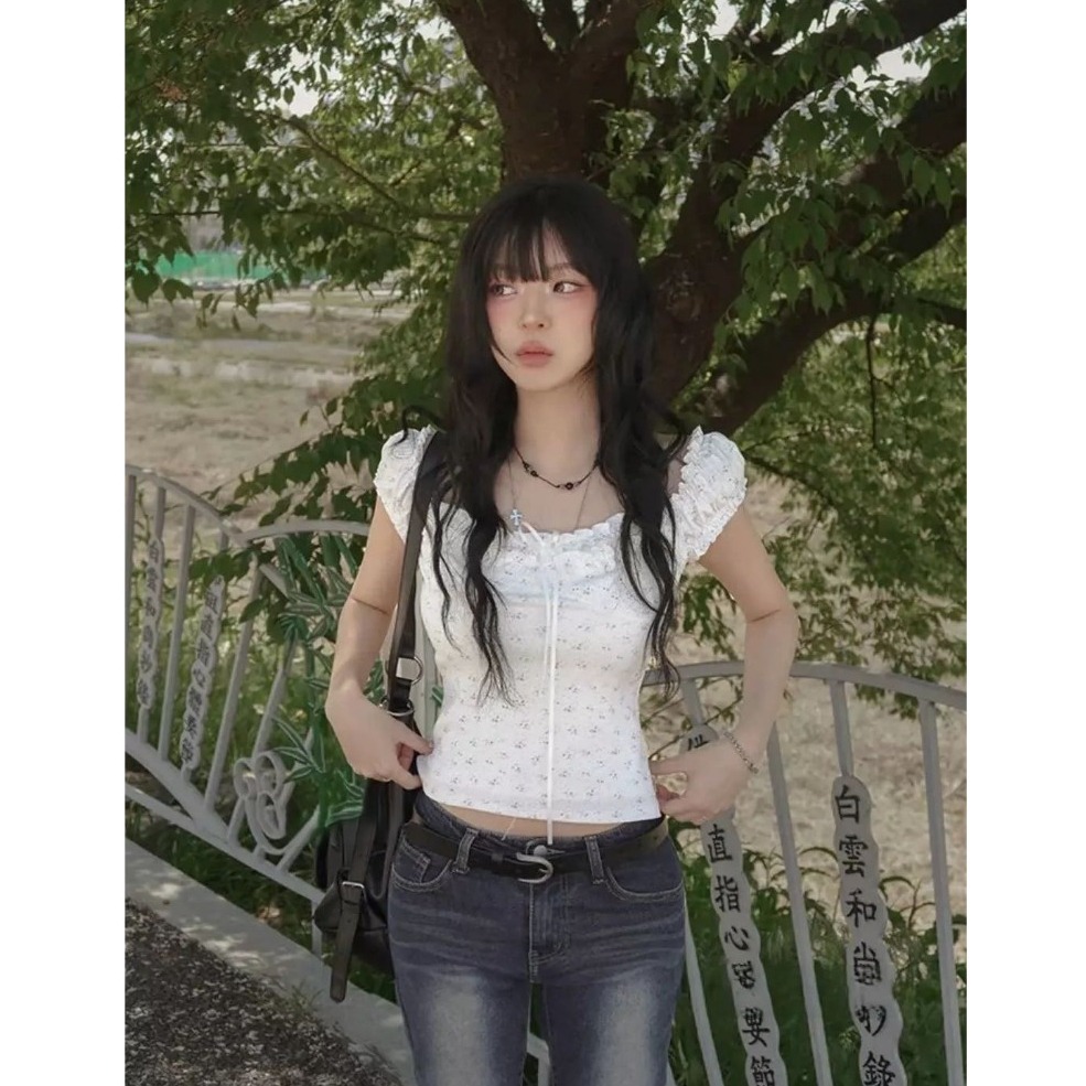 bunny_stall 💐清新少女感的碎花前綁帶荷葉袖上衣/S-L-細節圖3